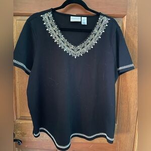 Alfred Dunner Black Short Sleeve V-Neck Top with Tan Embroidery and Silver Sequi